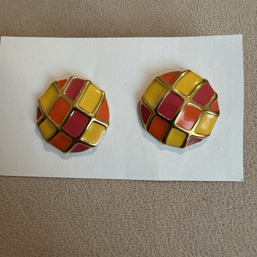 Vintage Monet Art‎ Deco Geometric Enamel Earrings Pierced 80s Bold Statement